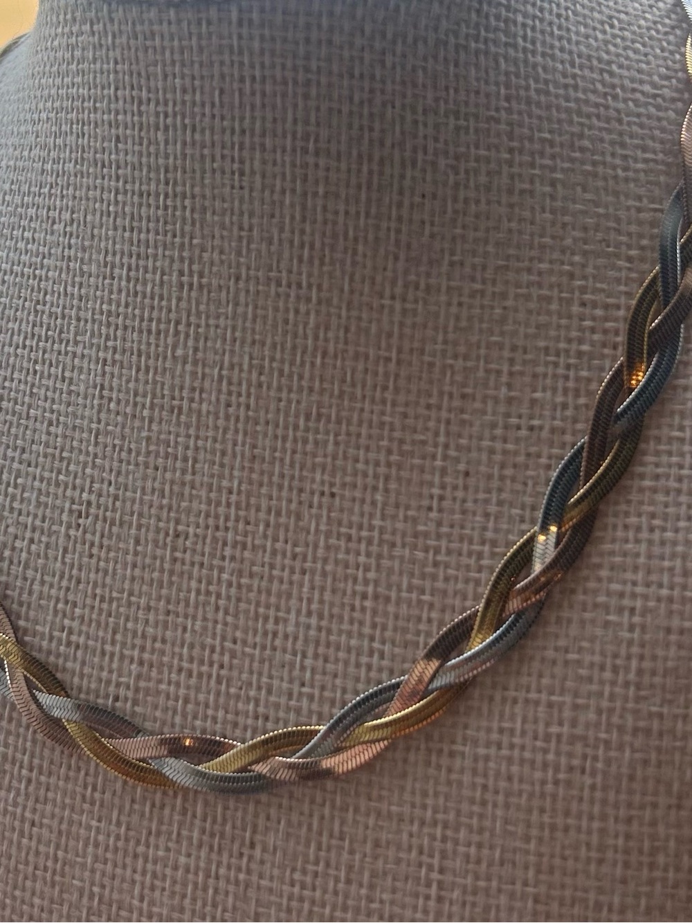 Tri-Tone Braided Women’s Necklace - Gold, Rose, and Silver